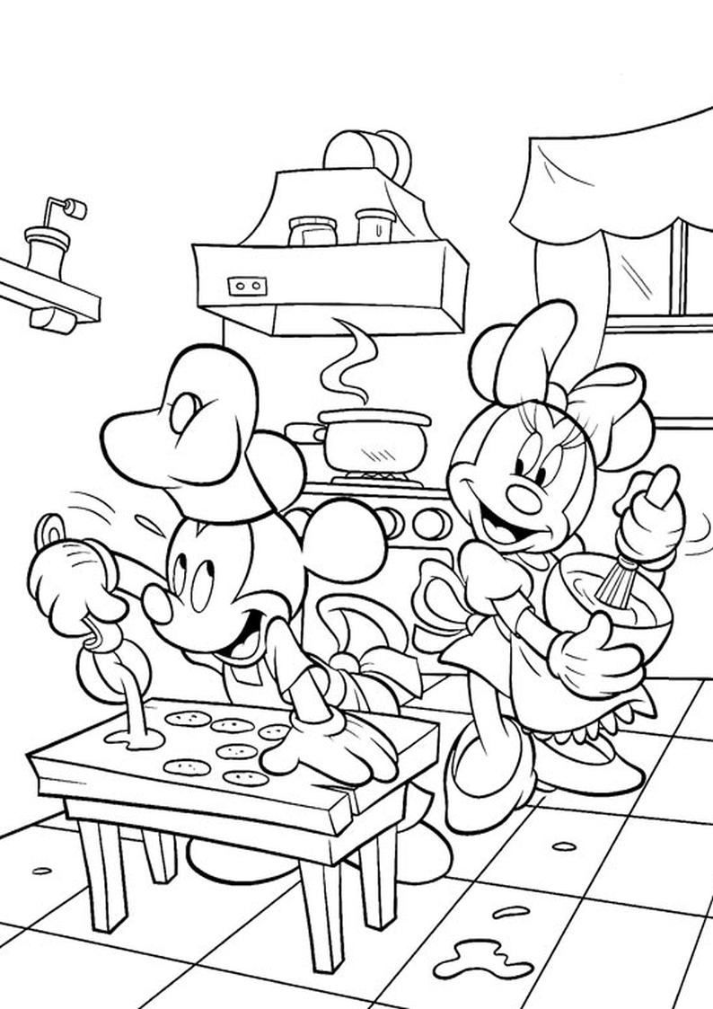 kolorowanka Myszka Miki i Minnie gotują w kuchni, malowanka do wydruku dla dzieci nr 1